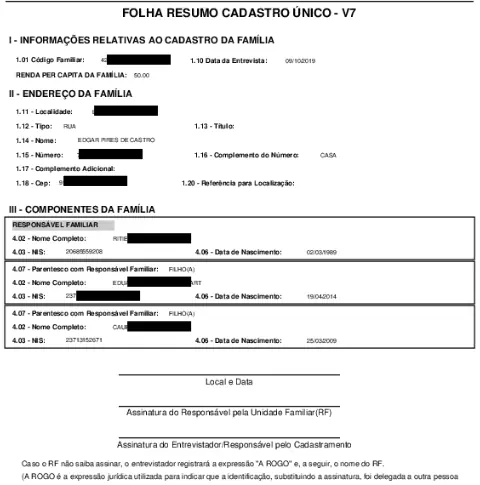 Folha resumo do Cadastro Único - V7